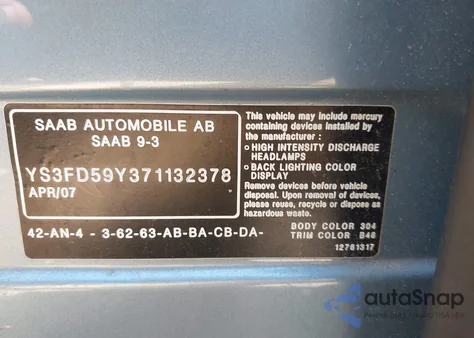 2007 Saab 9-3 2.0T z USA, uszkodzony, nr VIN YS3FD59Y371132378